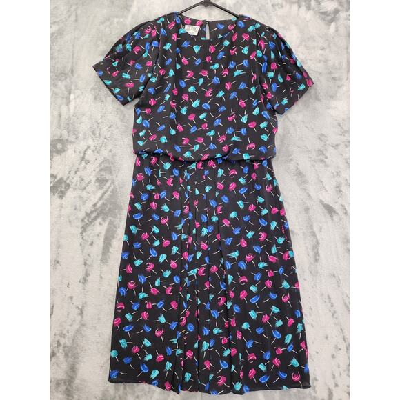 Vintage 80s JB Too Abstract Floral Blouson Pleated Day Dress Size 8 Black Pink - Picture 1 of 11